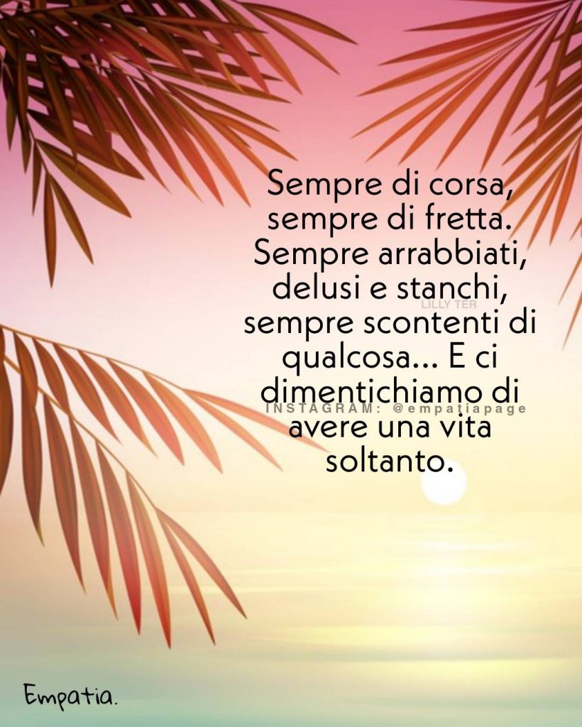 Sempre di corsa, sempre di fretta. Sempre arrabbiati, delusi e stanchi, sempre scontenti di qualcosa... e ci dimentichiamo di avere una vita soltanto