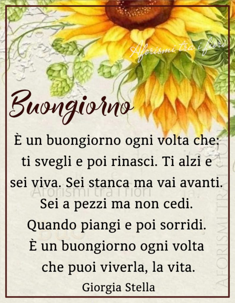 Buongiorno È un buongiorno ogni volta che: ti svegli e poi rinasci. Ti alzi e sei viva. Sei stanca ma vai avanti. Sei a pezzi ma non cedi. Quando piangi e poi sorridi. È un buongiorno ogni volta che puoi viverla, la vita. 