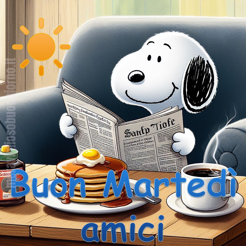 buongiorno buon Martedì con Snoopy che legge il giornale